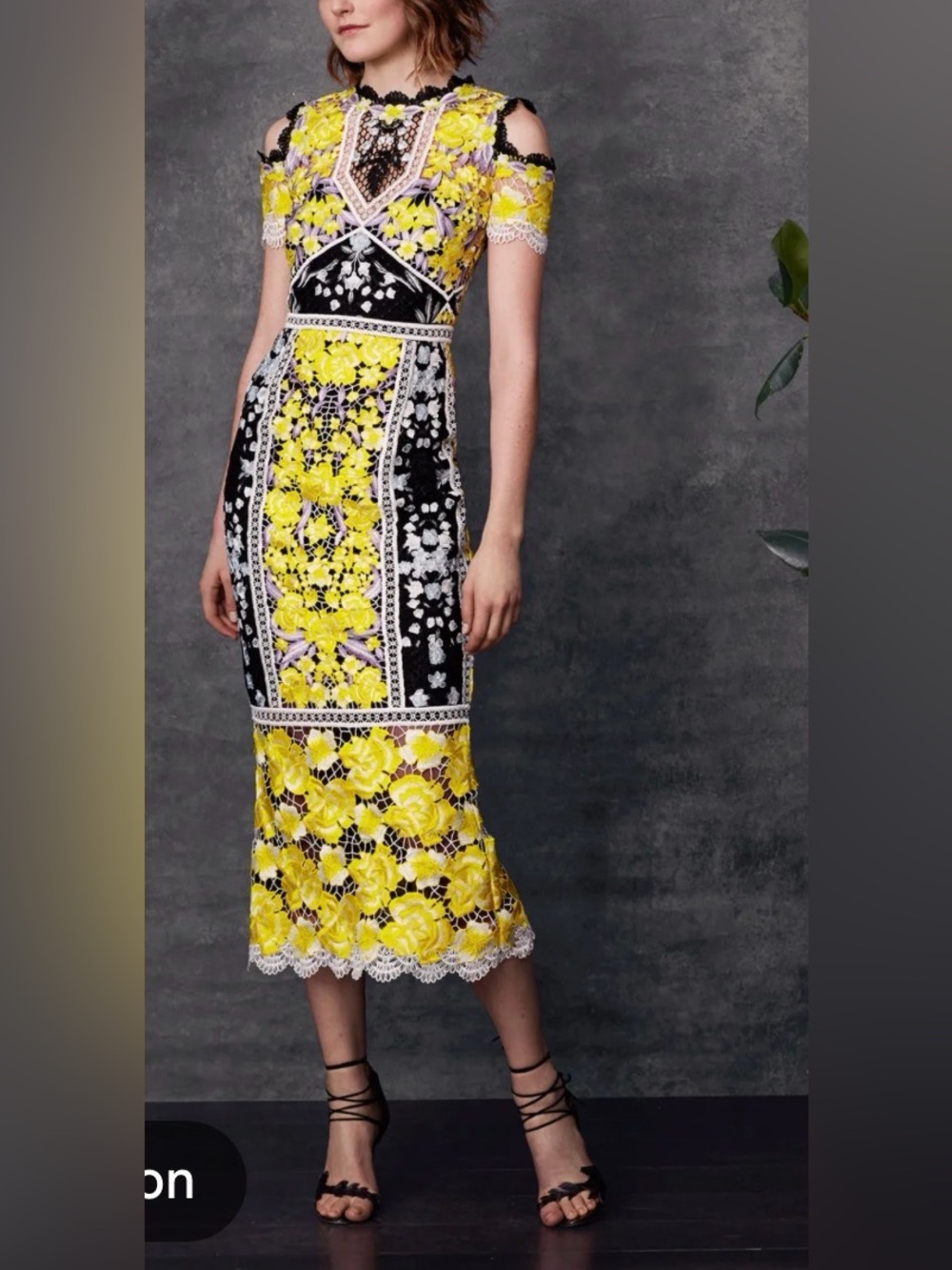 Marchesa Notte Yellow Floral Lace Midi Dress with Black Accents